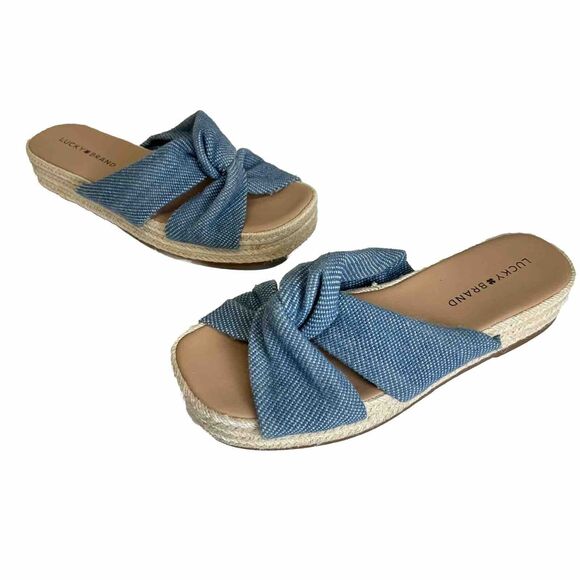 Lucky Brand Grenly Blue Fabric Twist‎ Espadrille Slide Sandals Sz 8.5 Platform - Picture 1 of 10